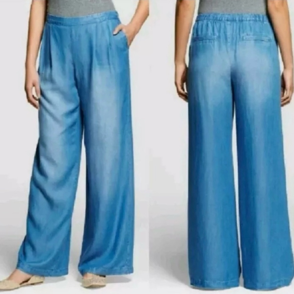 NWT MERONA Chambray Wide Leg Mid-Rise Relaxed Hip & Thigh Pant, Color Blue